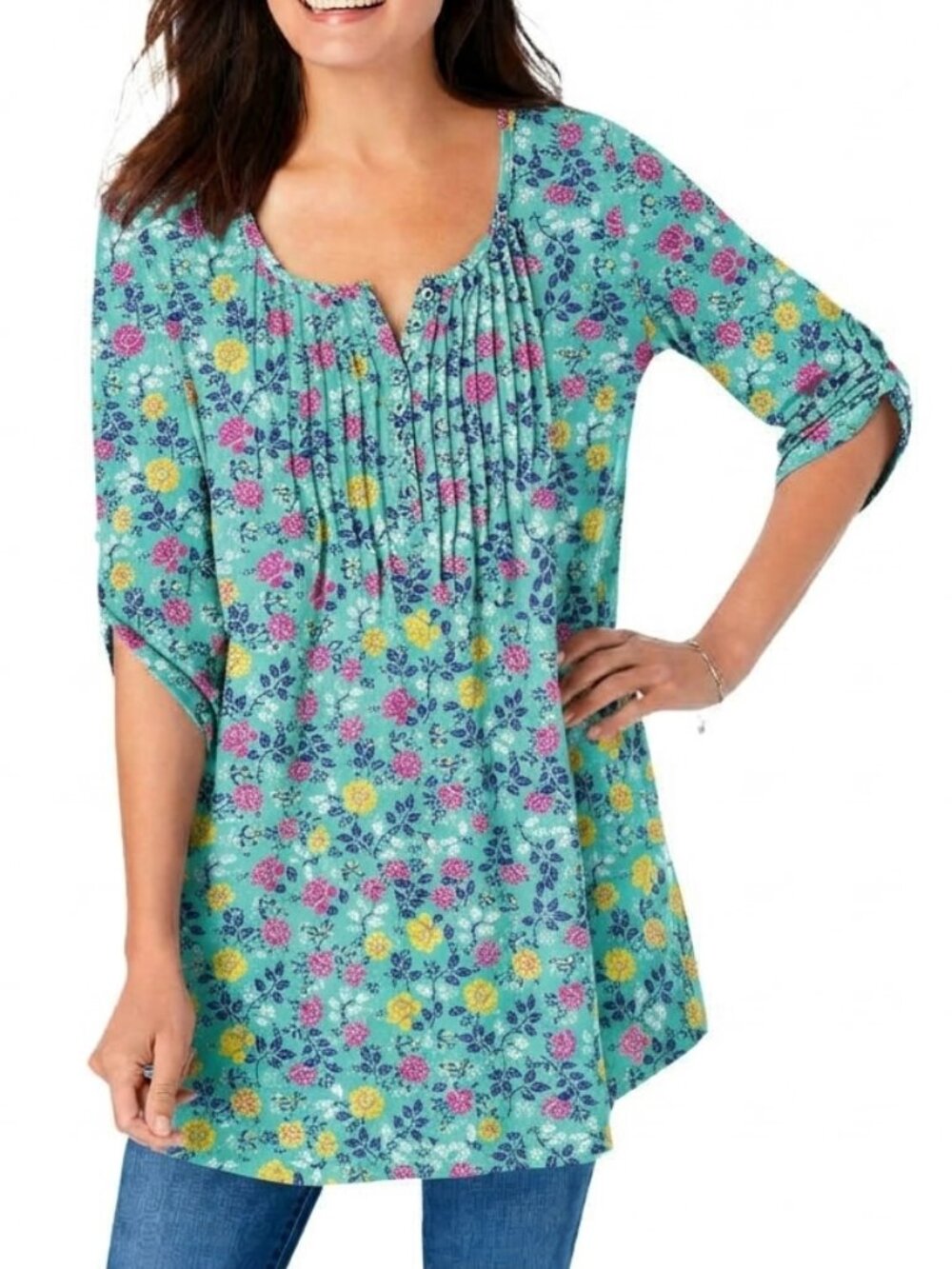 WOMAN WITHIN "2X" Plus Size 7 Day Three Quarter Sleeve Pintucked Henley Tunic 4X